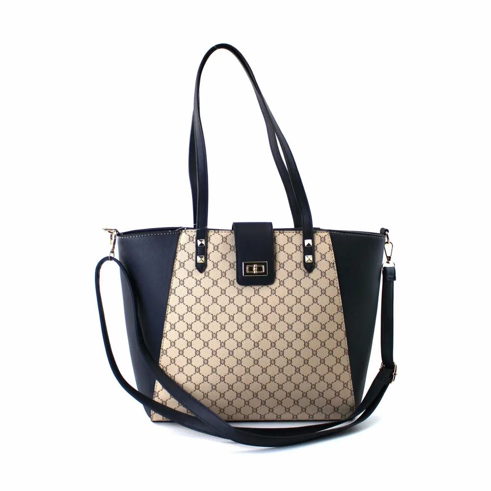 Women's Large Navy Blue & Kahki Monogram Design Tote Bag